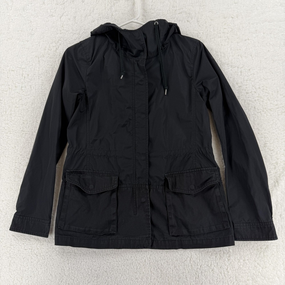 Uniqlo Jacket Womens XS Black Hooded Anorak Drawstring Waist Utility Pockets Zip